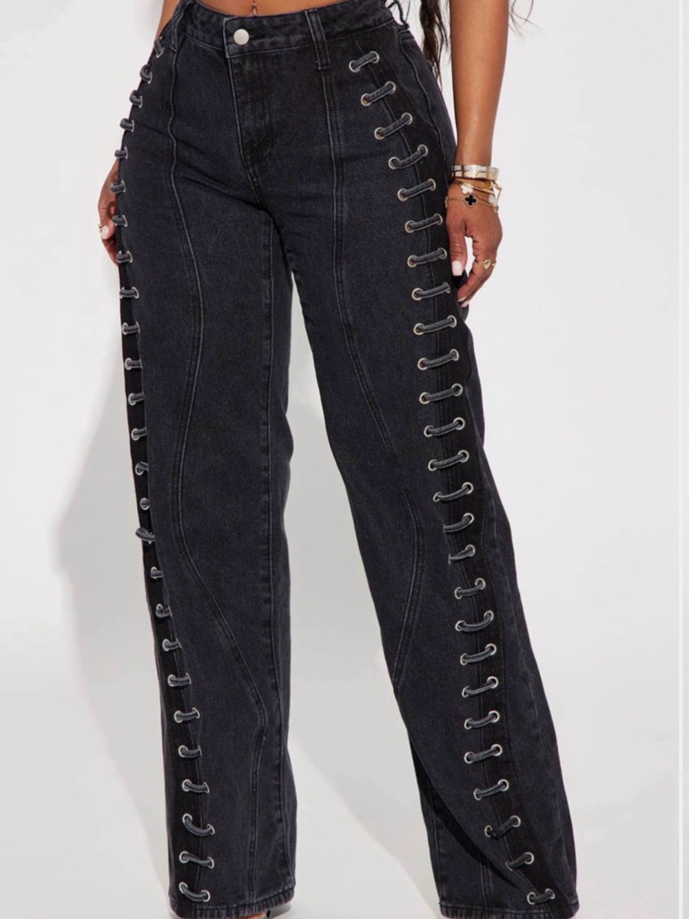 Fashion Nova Black High-Rise Lace-Up Side Jeans